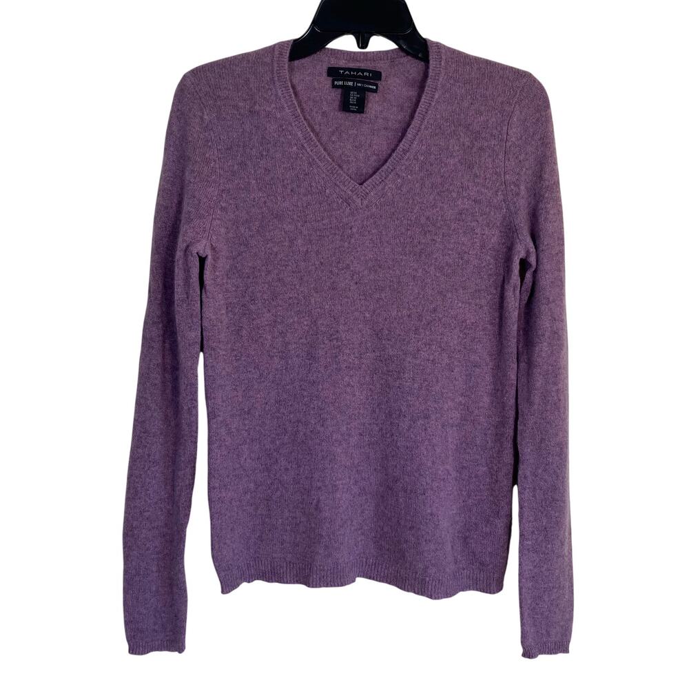 Tahari Pure Luxe 100% Cashmere Fitted V-neck Sweater Pullover Dutsy Lavender
